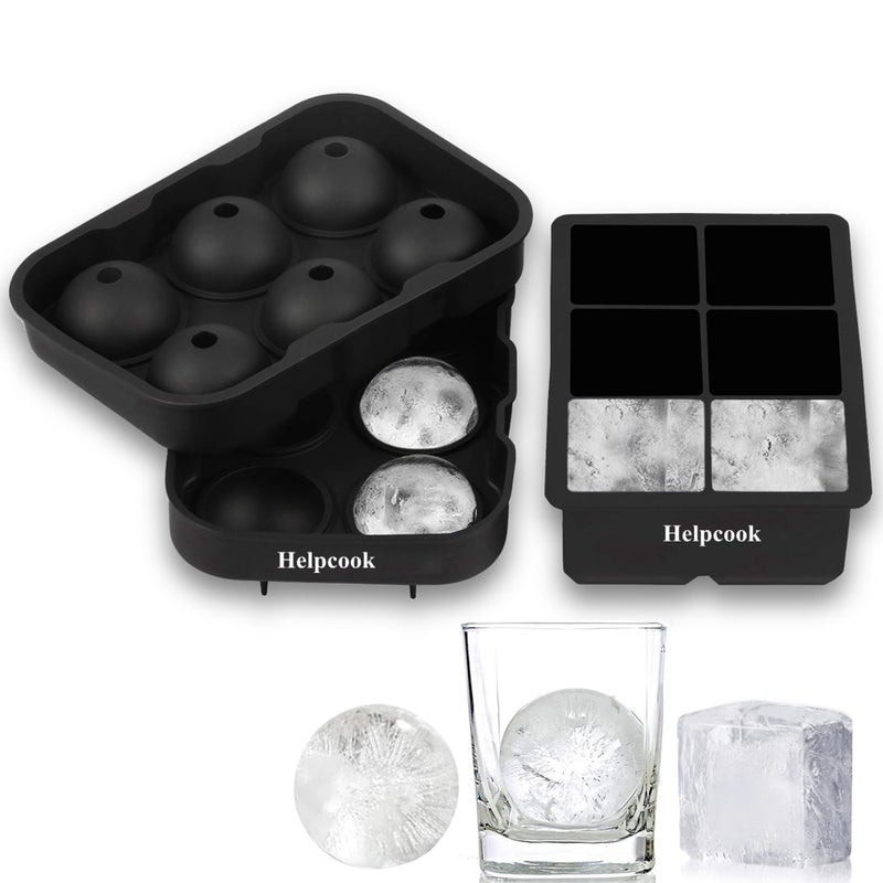 Helpcook Ice Cube trays(set of 2), Silicone Sphere Ice Ball Maker with Lid and Large Square Ice Cube Molds for Whiskey Ice and Cocktails, Food Grade Silicone, Reusable and BPA-Free - Image 1